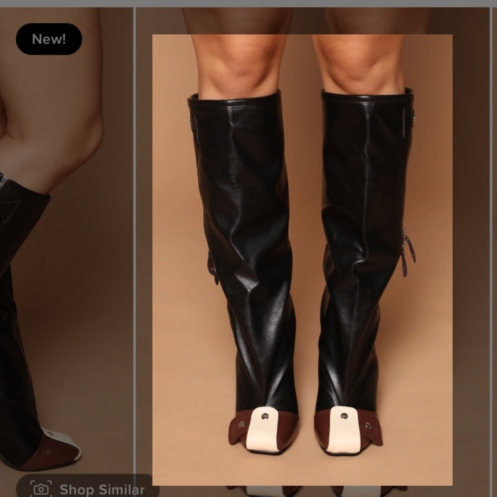 Black Leather Knee Boots with Blue Wedge Heel - Picture 7 of 10